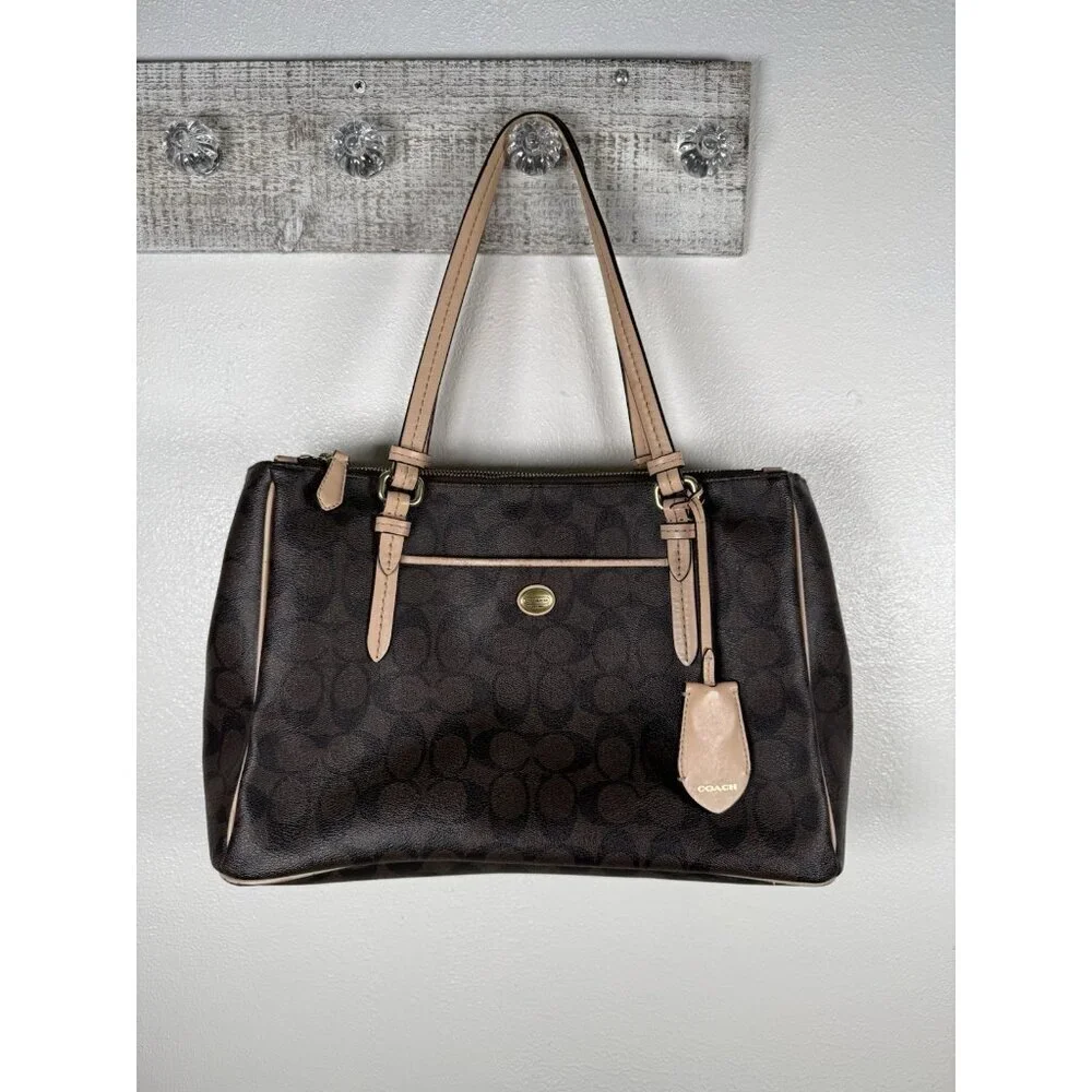 Coach Signature Peyton Double Zip Carryall Tote Shoulder Bag Purse Brown F26187
